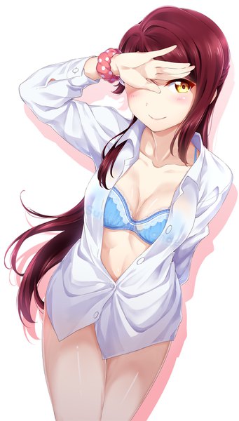 Anime picture 984x1731 with love live! sunshine!! sunrise (studio) love live! sakurauchi riko surfing orange single long hair tall image looking at viewer blush fringe breasts light erotic simple background standing white background yellow eyes red hair light smile bare legs