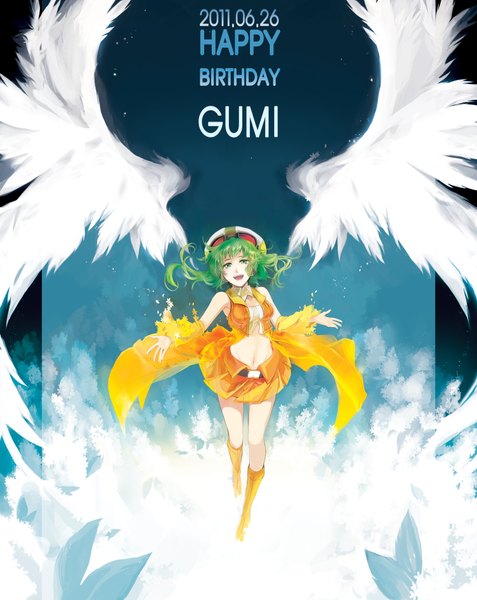 Anime picture 1500x1886 with vocaloid gumi rahwia single long hair tall image open mouth green eyes green hair inscription dated angel wings happy birthday girl skirt flower (flowers) detached sleeves petals wings goggles