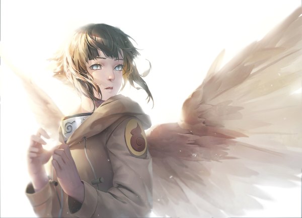 Anime picture 1385x1000 with naruto studio pierrot naruto (series) hyuuga hinata baraba baba single looking at viewer fringe short hair open mouth blue eyes black hair simple background white background payot upper body looking back girl wings hood