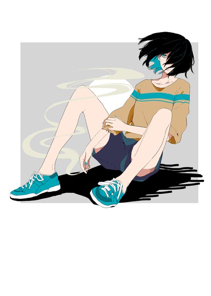 Anime picture 2590x3624 with original kko (um7mr) single tall image fringe highres short hair blue eyes black hair looking away full body nail polish hair over one eye smoke girl shoes shorts sneakers cigarette