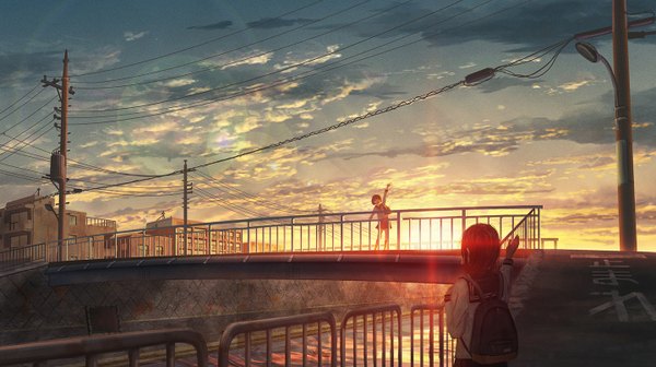 Anime picture 1440x808 with original natsu (hottopeppa3390) long hair fringe short hair open mouth black hair wide image multiple girls sky cloud (clouds) upper body pleated skirt arm up from behind sunlight lens flare outstretched arm evening happy