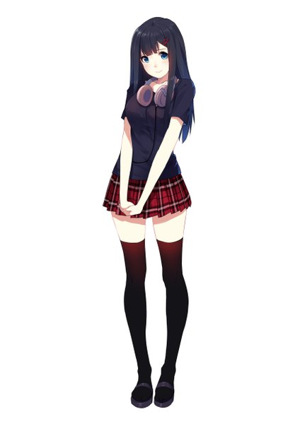 Anime-Bild 3507x4960 mit original synergy sin (caidychen) mifune sachi caidychen single long hair tall image looking at viewer blush fringe highres breasts blue eyes black hair simple background smile standing white background absurdres