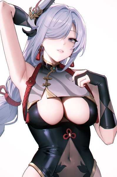 Anime picture 1306x1969 with genshin impact shenhe (genshin impact) 95--- single long hair tall image looking at viewer fringe breasts light erotic simple background large breasts standing white background cleavage silver hair braid (braids) parted lips head tilt arm up