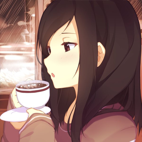 Anime picture 2000x2000 with riki-to single long hair fringe highres black hair brown eyes parted lips close-up girl window sweater cup coffee saucer