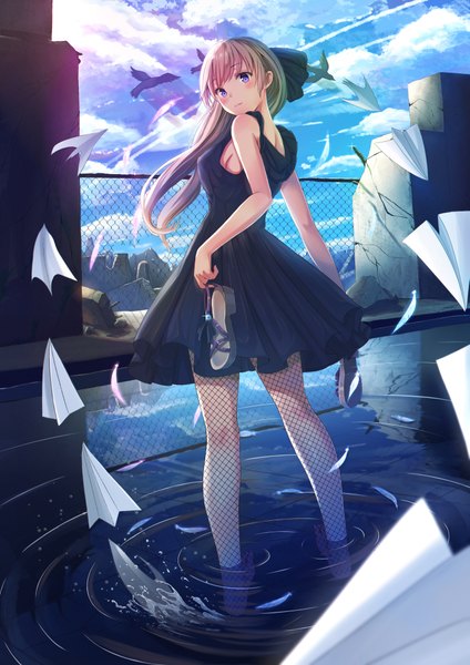 Anime picture 2893x4092 with original lin go-san single long hair tall image looking at viewer blush fringe highres blonde hair standing purple eyes bare shoulders holding sky cloud (clouds) full body outdoors looking back from behind