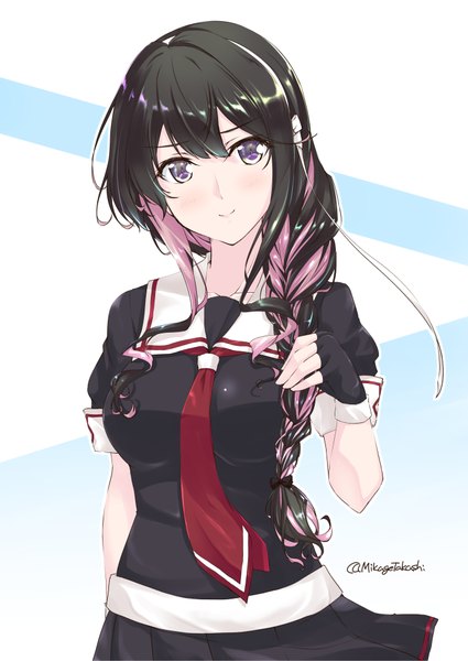 Anime picture 708x1000 with kantai collection shigure destroyer naganami destroyer mikage takashi single long hair tall image looking at viewer blush fringe breasts black hair simple background smile hair between eyes standing white background purple eyes holding signed