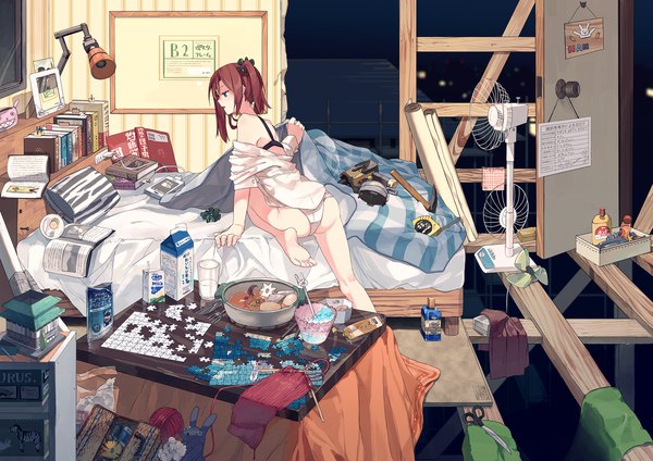 Anime picture 2028x1433 with original hitogome single highres short hair open mouth blue eyes light erotic brown hair indoors profile barefoot off shoulder side ponytail messy room girl underwear panties shirt food