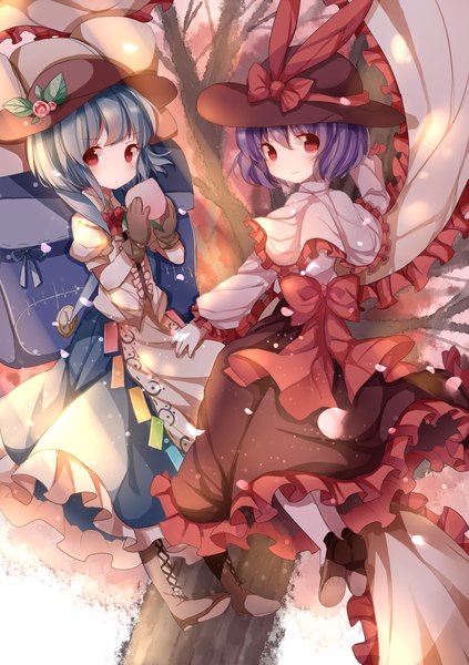 Anime picture 1240x1759 with touhou hinanawi tenshi nagae iku xiaohuasan tall image looking at viewer short hair red eyes multiple girls blue hair purple hair cherry blossoms alternate hairstyle alternate hair length girl dress bow 2 girls plant (plants) hat