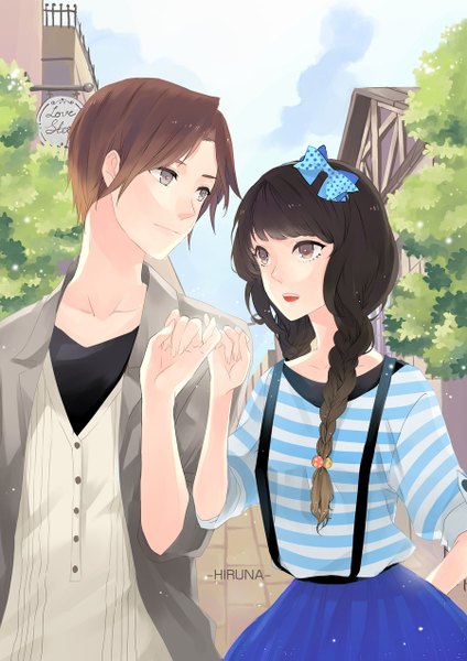 Anime picture 900x1273 with original hiruna454 long hair tall image fringe short hair black hair smile brown hair brown eyes sky cloud (clouds) braid (braids) light smile open clothes open jacket grey eyes open shirt couple city