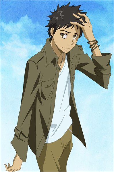 Anime picture 1200x1811 with katekyou hitman reborn yamamoto takeshi morrow single tall image short hair black hair standing brown eyes cloud (clouds) hand on head vector boy jacket bracelet pendant