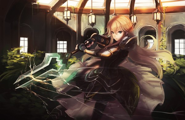 Anime picture 2046x1324 with tagme (character) saimon ma single long hair looking at viewer highres blue eyes blonde hair sunlight sunbeam glowing weapon girl gloves weapon plant (plants) tree (trees) window fingerless gloves armored dress polearm