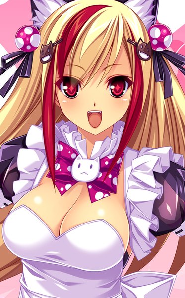 Anime picture 560x900 with beatmania beatmania iidx the knee socks princess of glass kinoshita ichi single long hair tall image looking at viewer breasts open mouth light erotic blonde hair red eyes animal ears cleavage multicolored hair cat ears two-tone hair streaked hair girl