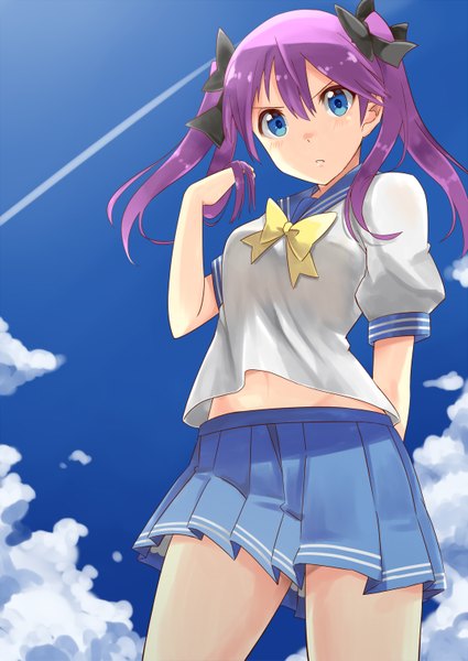 Anime picture 1074x1517 with lucky star kyoto animation hiiragi kagami hayaneko (ceceragi) long hair tall image blue eyes twintails sky purple hair cloud (clouds) girl skirt uniform bow hair bow serafuku