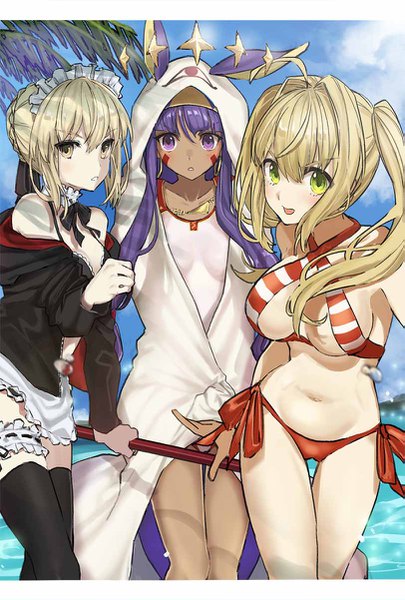 Anime picture 811x1201 with fate (series) fate/grand order artoria pendragon (all) nero claudius (fate) (all) nero claudius (swimsuit caster) (fate) artoria pendragon (alter swimsuit rider) (fate) nitocris (fate) nitocris (swimsuit assassin) (fate) teshima nari long hair tall image looking at viewer blush fringe short hair breasts open mouth light erotic blonde hair smile