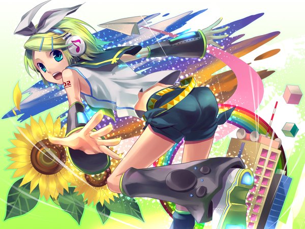 Anime picture 1770x1328 with vocaloid kagamine rin single highres short hair blonde hair smile looking back aqua eyes midriff girl hair ornament flower (flowers) ribbon (ribbons) hair ribbon shorts hairclip headphones sunflower paper airplane