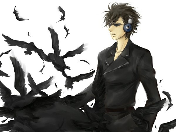 Anime picture 1000x750 with gintama sunrise (studio) kawakami bansai single short hair black hair simple background white background looking away boy animal headphones bird (birds) feather (feathers) cloak sunglasses kiheitai