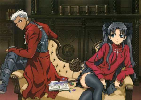 Anime picture 1400x987 with fate (series) fate/stay night studio deen type-moon toosaka rin archer (fate) long hair short hair blue eyes black hair sitting white hair grey eyes girl thighhighs boy weapon cross couch dagger