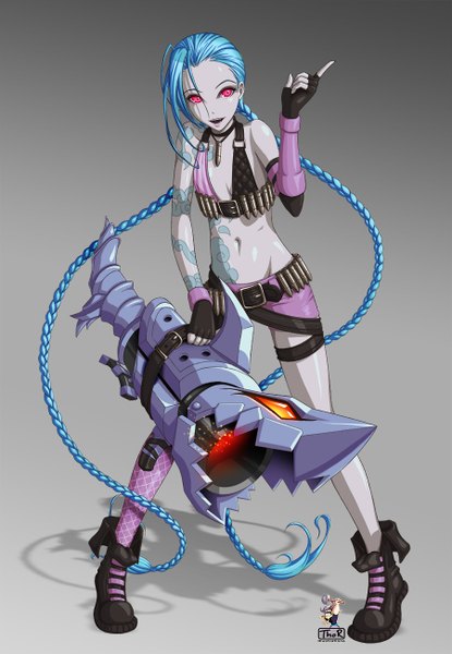 Anime picture 900x1300 with league of legends jinx (league of legends) evilflesh (artist) single tall image simple background blue hair very long hair pink eyes tattoo dark background girl thighhighs gloves navel weapon shorts belt fingerless gloves gun
