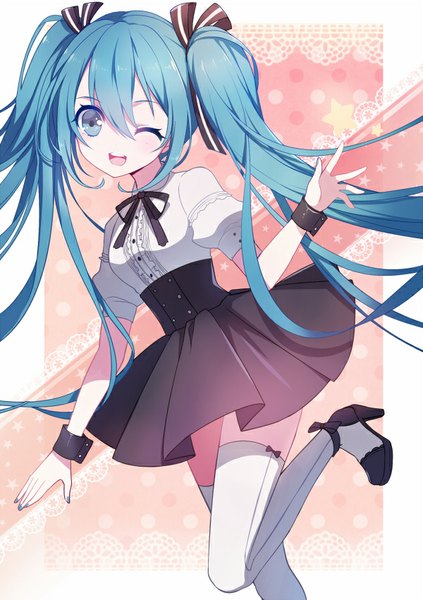 Anime picture 600x851 with vocaloid hatsune miku ling (sroin) single tall image blush open mouth twintails looking away very long hair nail polish one eye closed aqua eyes wink aqua hair teeth girl thighhighs skirt ribbon (ribbons)