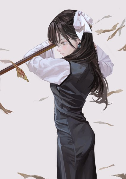 Anime picture 800x1132 with original eyeball bracelet girl (fkey) fkey single long hair tall image blush fringe black hair simple background standing holding brown eyes payot looking away long sleeves traditional clothes profile grey background mole