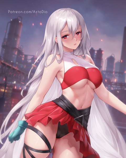 Anime picture 4000x5000 with arknights skadi (arknights) azto dio single tall image looking at viewer blush fringe highres breasts open mouth light erotic hair between eyes red eyes large breasts standing signed absurdres sky silver hair