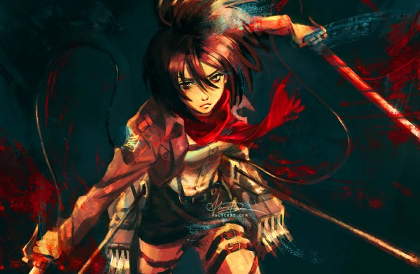 Anime picture 1073x700 with shingeki no kyojin production i.g mikasa ackerman alicexz single looking at viewer short hair brown hair holding brown eyes inscription open clothes open jacket dual wielding running girl weapon sword jacket belt