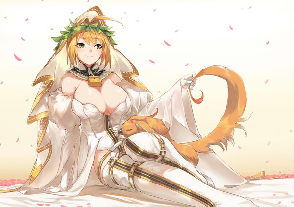 Anime picture 4405x3106 with fate (series) fate/extra fate/extra ccc nero claudius (fate) (all) nero claudius (bride) (fate) ohland single blush fringe highres short hair breasts light erotic blonde hair simple background smile hair between eyes large breasts sitting green eyes