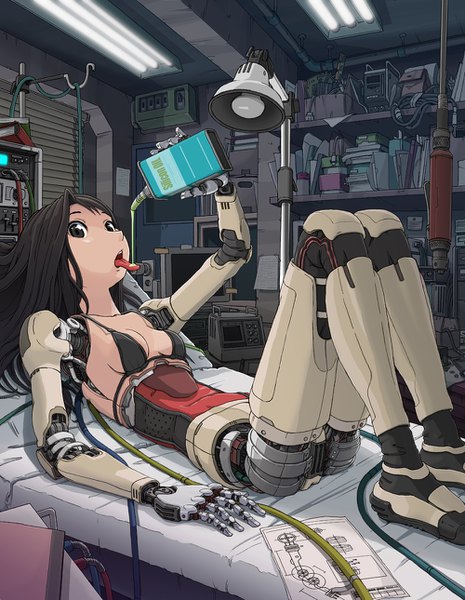 Anime picture 1000x1290 with original sukabu single long hair tall image looking at viewer breasts open mouth light erotic black hair looking away indoors lying black eyes on back drinking mechanical arms mechanical parts long tongue girl