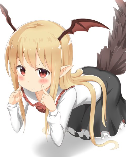 Anime picture 2000x2500 with shingeki no bahamut granblue fantasy vampy nedia (nedia region) single long hair tall image blush highres simple background blonde hair smile red eyes white background tail long sleeves pointy ears fang (fangs) leaning leaning forward