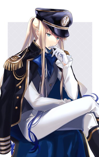 Anime picture 1915x3008 with fate (series) fate/grand order noah (fate) hatuki 82 single long hair tall image highres blue eyes simple background blonde hair sitting payot looking away ponytail grey background crossed legs border outside border boy