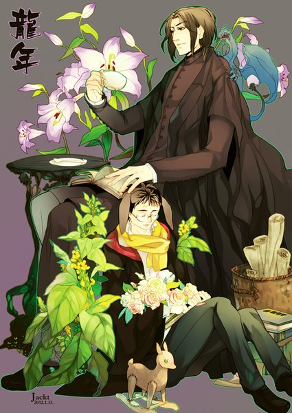 Anime picture 600x847 with harry potter severus snape harry potter (character) jackt tall image short hair simple background brown hair sitting holding brown eyes animal ears bent knee (knees) eyes closed head tilt grey background multiple boys sleeping fantasy sitting on person