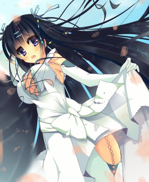 Anime picture 1732x2125 with original kinoko5123 long hair tall image blush highres breasts light erotic black hair large breasts purple eyes girl thighhighs dress gloves bow petals white thighhighs elbow gloves