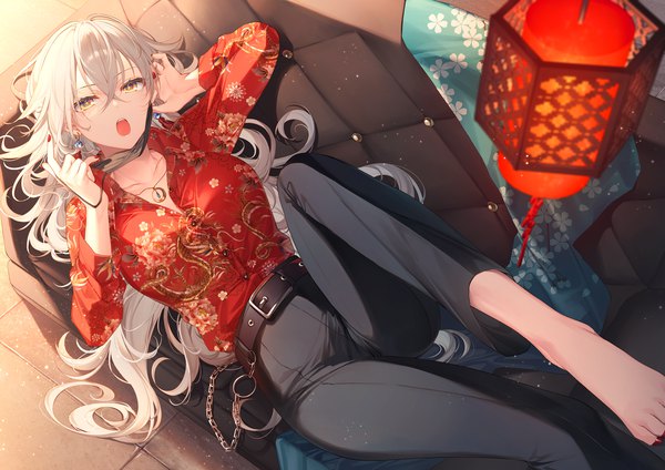 Anime picture 1447x1023 with original toosaka asagi single long hair looking at viewer fringe breasts open mouth hair between eyes yellow eyes silver hair bent knee (knees) indoors lying long sleeves nail polish traditional clothes barefoot fingernails from above