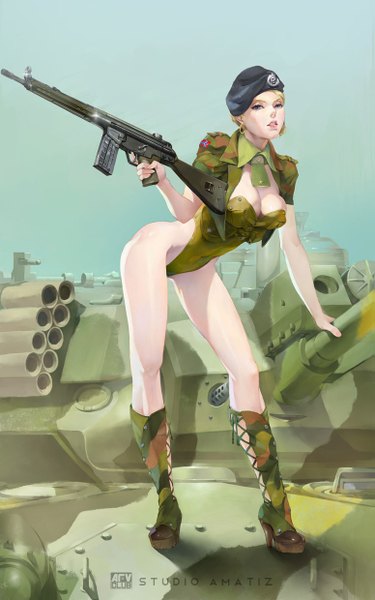 Anime picture 775x1240 with original amatiz tall image looking at viewer short hair breasts blue eyes light erotic blonde hair inscription teeth high heels legs girl weapon earrings gun thigh boots beret ground vehicle