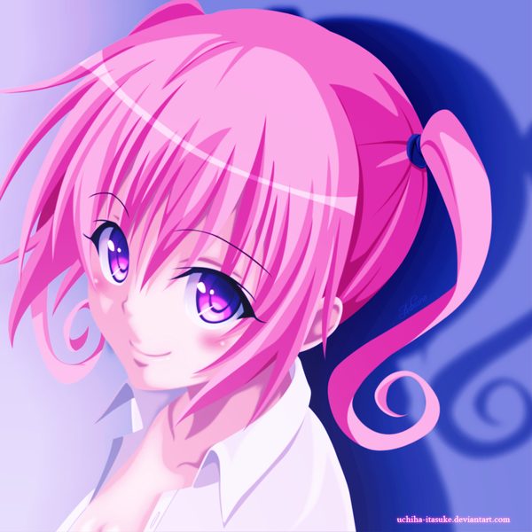 Anime picture 1079x1079 with toloveru toloveru darkness xebec nana asta deviluke uchiha-itasuke single blush short hair smile twintails pink hair pink eyes shadow coloring short twintails portrait blue background girl shirt