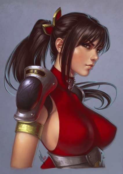 Anime picture 620x877 with soulcalibur taki warrenlouw single long hair tall image fringe breasts light erotic black hair simple background red eyes large breasts ponytail lips grey background girl spaulder (spaulders)