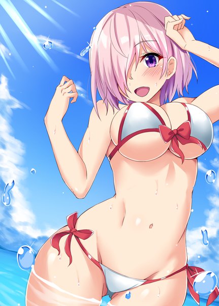Anime picture 1089x1514 with fate (series) fate/grand order mash kyrielight mash kyrielight (swimsuit of perpetual summer) nishimura pn single tall image looking at viewer blush fringe short hair breasts open mouth light erotic smile large breasts standing purple eyes bare shoulders pink hair