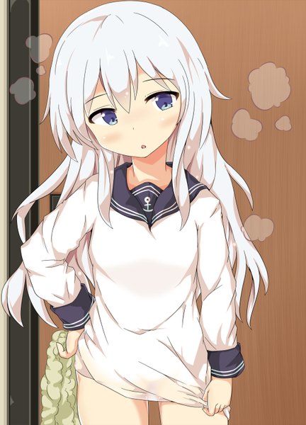 Anime picture 1080x1500 with kantai collection hibiki destroyer numatoohu single long hair tall image blush fringe blue eyes light erotic hair between eyes standing payot looking away white hair long sleeves parted lips head tilt bare legs :o