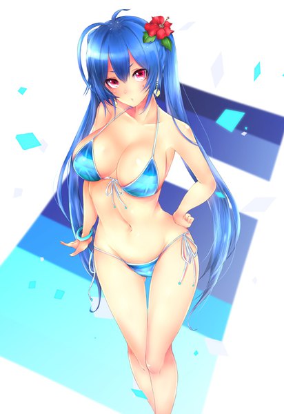 Anime picture 1074x1563 with phantasy star phantasy star online 2 sega frofrofrost single long hair tall image looking at viewer fringe breasts light erotic hair between eyes large breasts pink eyes hair flower from above hand on hip sideboob thigh gap groin