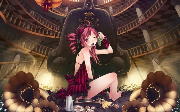 Anime picture 1920x1200 with utau kasane teto yumeno mikan single long hair blush highres open mouth red eyes wide image sitting ahoge red hair one eye closed barefoot wink drill hair girl dress food
