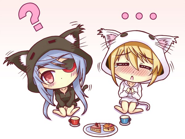 Anime picture 1920x1440 with infinite stratos 8bit charles dunois laura bodewig long hair blush highres open mouth simple background blonde hair red eyes white background animal ears silver hair eyes closed cat ears chibi ? sweets eyepatch