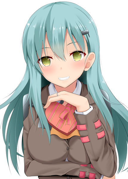 Anime picture 715x1000 with kantai collection suzuya heavy cruiser takeyuu single long hair tall image looking at viewer blush simple background smile white background green eyes blue hair valentine girl gift