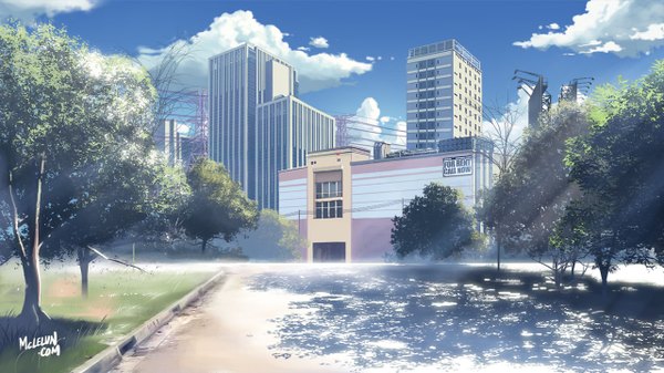 Anime picture 1280x720 with original mclelun wide image signed sky cloud (clouds) sunlight shadow horizon no people landscape sunbeam scenic plant (plants) tree (trees) building (buildings) power lines skyscraper