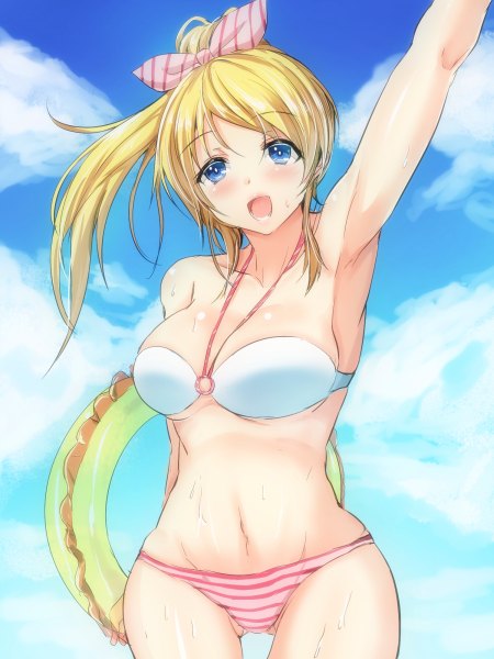 Anime picture 900x1200 with love live! school idol project sunrise (studio) love live! ayase eli gin'ichi (akacia) single long hair tall image looking at viewer blush breasts open mouth blue eyes light erotic blonde hair smile large breasts sky cleavage cloud (clouds)