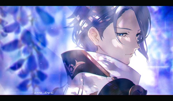Anime picture 1839x1080 with genshin impact kamisato ayato anna (drw01) single highres short hair blue eyes wide image signed looking away silver hair upper body turning head letterboxed boy flower (flowers) wisteria