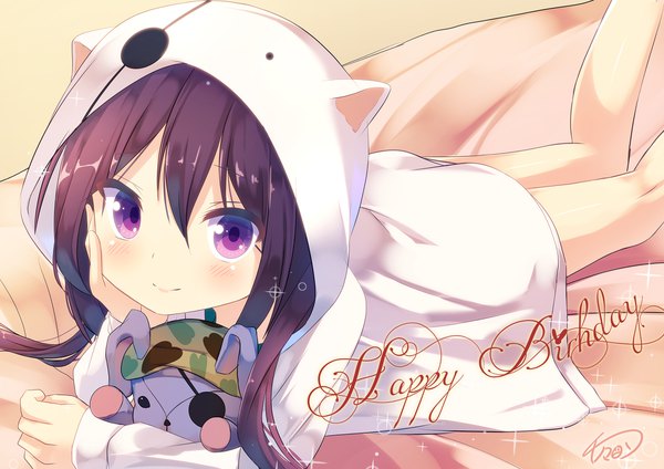 Anime picture 2000x1414 with gochuumon wa usagi desu ka? white fox tedeza rize chinomaron single long hair blush fringe highres smile hair between eyes purple eyes signed purple hair lying sparkle on stomach leg lift (legs lift) happy birthday hand on face