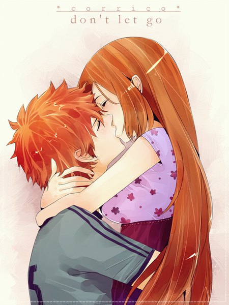 Anime picture 1050x1400 with bleach studio pierrot kurosaki ichigo inoue orihime corrico (artist) long hair tall image blush fringe short hair breasts simple background hair between eyes large breasts standing signed payot upper body eyes closed profile