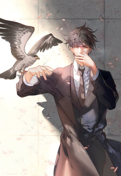 Anime picture 1200x1744 with x sakurazuka seishirou naked cat single tall image short hair brown hair sunlight heterochromia smoking boy animal petals necktie bird (birds) suit coat cigarette wall