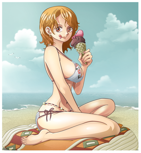 Anime-Bild 928x1006 mit one piece toei animation nami (one piece) choparini single tall image looking at viewer fringe short hair breasts light erotic smile hair between eyes large breasts sitting bare shoulders holding sky cloud (clouds) outdoors