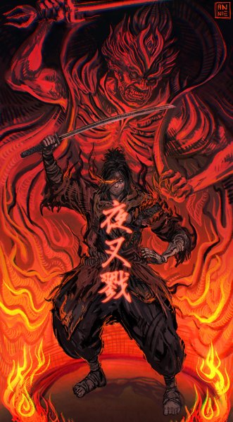 Anime picture 1130x2048 with sekiro: shadows die twice from software sekiro anniechromes single tall image short hair black hair standing holding signed full body hieroglyph fighting stance covering eye (eyes) boy weapon sword katana flame